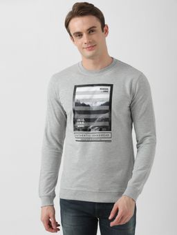 Peter England - Men Grey Graphic Print Crew Neck Sweatshirt