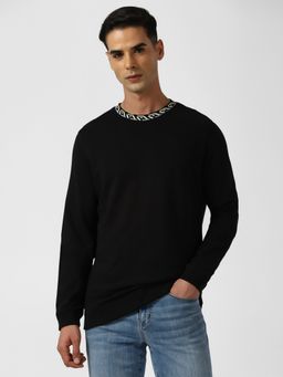 Van Heusen - Men Black Solid Crew Neck Sweatshirt