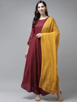 Yufta - Women Maroon Solid Rayon Maxi Dress Wirh Dupatta (Set of 2)