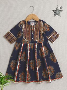 The Magic Wand - Navy Blue Short Sleeves Floral Print Ethnic Dress