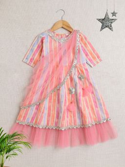 The Magic Wand - Pink Short Sleeves All Over Print with Frills Ethnic Dress