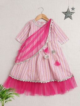 The Magic Wand - Pink Short Sleeves All Over Print Ethnic Dress