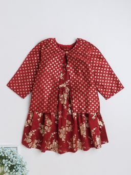 The Magic Wand - Maroon Foil Printed Halter Neck Floral Dress with Jacket (Set of 2)