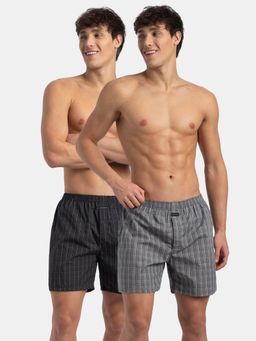Jockey - 1222 Men Cotton Woven Checkered Boxer Shorts - Grey and Black New (Pack Of 2)