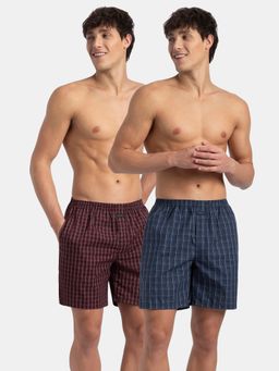 Jockey - 1223 Men Cotton Checkered Boxer Shorts-Tawny Port and Vintage Indigo (Pack Of 2)