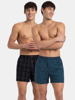 Jockey - 8222 Men Cotton Woven Checkered Inner Boxers-Black and Seaport Teal New (Pack Of 2)