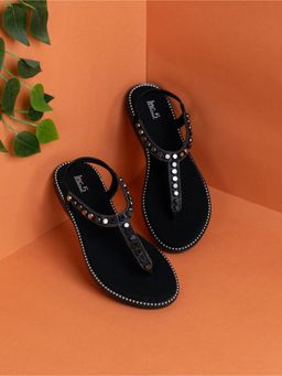Inc.5 - Women Black Ethnic Embellished T-Strap Elastic Sandals