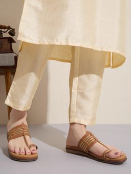 Inc.5 - Women Tan Ethnic Embroidered One Toe Kolhapuris