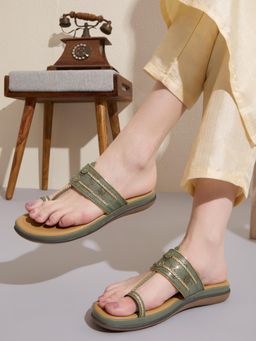 Inc.5 - Women Green Ethnic Embellished One Toe Kolhapuris
