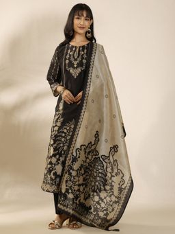 Libas - Black Printed Silk Blend Kurta with Pant and Dupatta