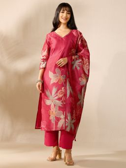 Libas - Red Printed Silk Blend Kurta with Pant and Dupatta