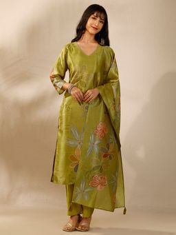 Libas - Green Printed Silk Blend Kurta with Pant and Dupatta