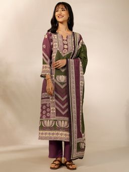 Libas - Purple Printed Silk Blend Kurta with Pant and Dupatta