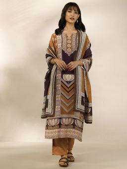 Libas - Mustard Printed Silk Blend Kurta with Pant and Dupatta