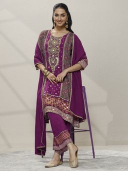 Libas - Purple Printed Silk Blend A-Line Kurta with Pant and Dupatta
