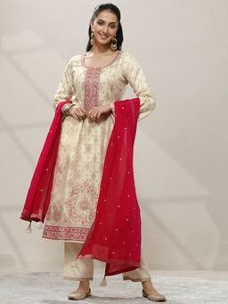 Libas - Cream Embroidered Silk Blend Kurta with Pant and Dupatta