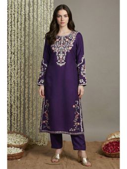 Aurelia - Purple Floral Acrylic Blend Kurta with Pant