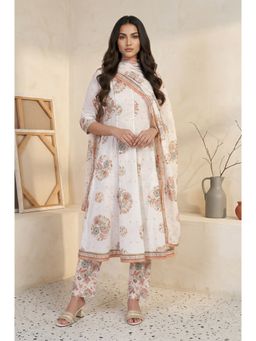 Aurelia - White Floral Printed A-Line Kurta with Pant and Dupatta