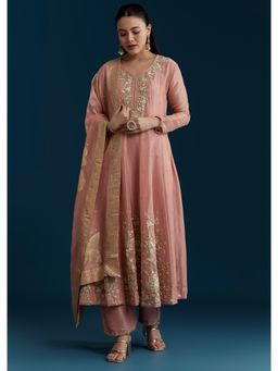 KALKI FASHION - Pink Tissue Zardozi Work Anarkali Kurta with Pant and Dupatta