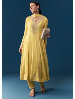 KALKI FASHION - Yellow Chinon Anarkali Kurta with Pant and Dupatta