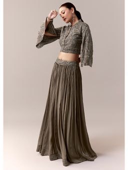 KALKI FASHION - Grey Sequins Work Indo Western Crop Top with Skirt