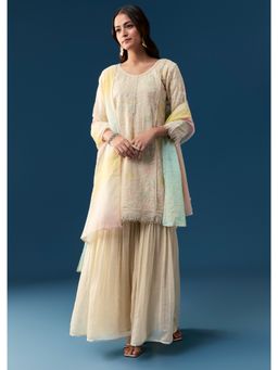 KALKI FASHION - Beige Thread and Sequins Work Kurta with Sharara and Dupatta