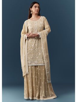 KALKI FASHION - Beige Silk Resham Work Kurta with Sharara and Dupatta