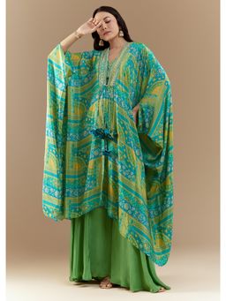 KALKI FASHION - Green Crop Top with Palazzo and Printed Cape