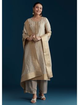 KALKI FASHION - Beige Jacquard Weave Tissue Kurta with Pant and Dupatta