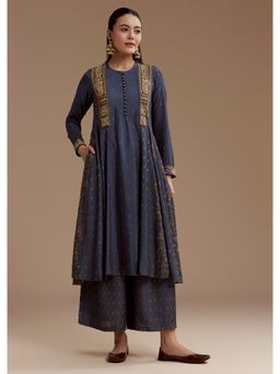 KALKI FASHION - Blue Printed Thread Work Cotton Kurta with Palazzo