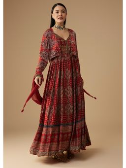 KALKI FASHION - Red Hand Dyed Ajrakh Gown with Jacket and Scarf