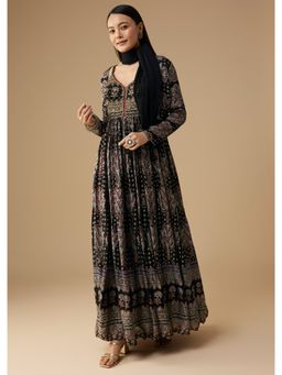 KALKI FASHION - Black Hand Dyed Ajrakh Gown with Jacket and Scarf