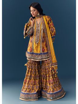 KALKI FASHION - Yellow Gota Lace Work Kurta with Sharara and Dupatta with Handbag