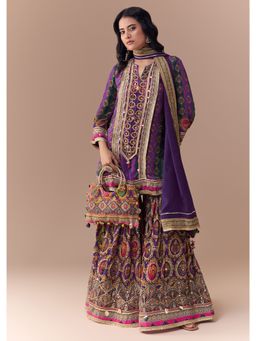 KALKI FASHION - Purple Indie Print Kurta with Sharara and Dupatta with Handbag