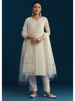 KALKI FASHION - Ivory Chanderi Thread Work Kurta with Pant and Dupatta