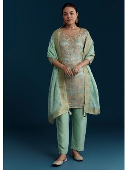 KALKI FASHION - Sea Green Tissue Silk Jacquard Weave Kurta with Pant and Dupatta