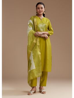 KALKI FASHION - Mehendi Green Cotton Silk Kurta with Pant and Dupatta