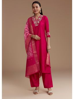 KALKI FASHION - Pink Silk Zari Work Kurta with Pant and Dupatta