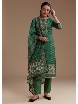 KALKI FASHION - Green Chanderi Block Print Kurta with Pant and Dupatta