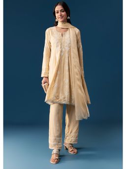 KALKI FASHION - Beige Peplum Pakistani Style Kurta with Pant and Dupatta