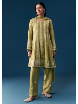 KALKI FASHION - Green Pastel Pakistani Style Thread Work Kurta with Pant and Dupatta