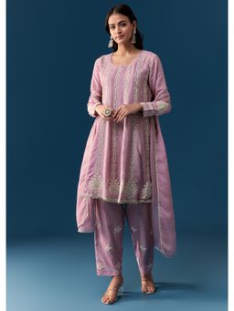 KALKI FASHION - Lavender Pastel Pakistani Style Thread Work Kurta with Pant and Dupatta
