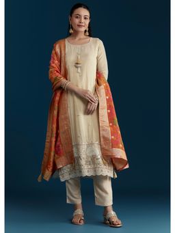 KALKI FASHION - Cream Tissue Bead Work Kurta with Pant and Dupatta