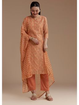 KALKI FASHION - Orange Chanderi Floral Print Kurta with Pant and Dupatta