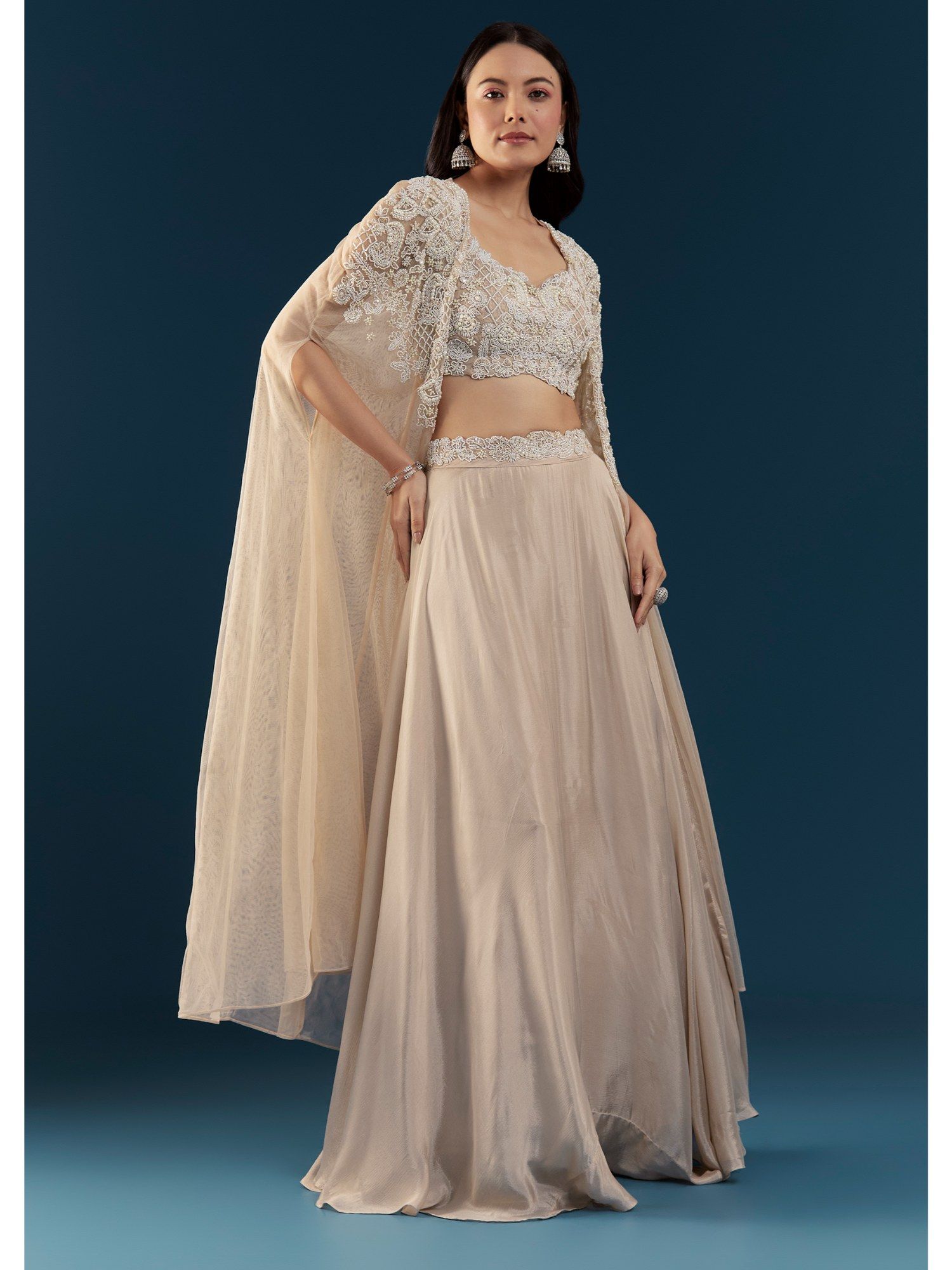 kalki fashion Beige Chinon Silk Blouse with Lehenga and Cape-picture-11