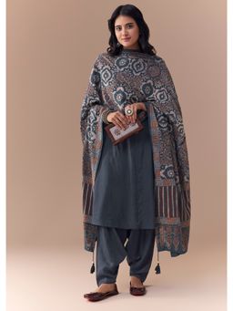 KALKI FASHION - Grey Kurta with Salwar and Dupatta with Ajrakh Dupatta