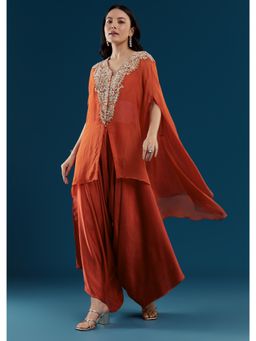 KALKI FASHION - Rust Zardozi Work Crop Top with Dhoti and Cape