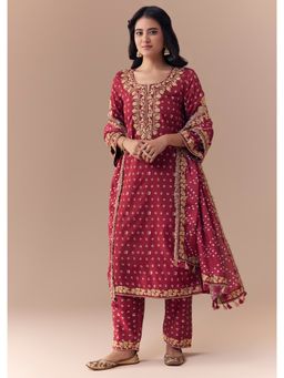 KALKI FASHION - Maroon Bandhani Print Kurta with Pant and Dupatta
