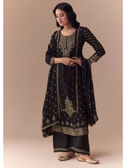KALKI FASHION - Black Jacquard Woven Gota Work Kurta with Palazzo and Dupatta