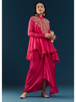 KALKI FASHION - Pink Chinon Asymmetric Cape Top and Skirt